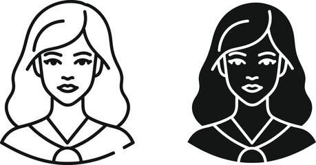 Vactor Black and white line art and silhouette icons of a woman's face and shoulders