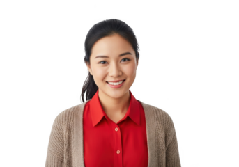 A cheerful young asian woman with dark hair pulled back smiles warmly wearing a red collared shirt and a patterned cardigan isolated on transparent background