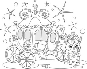 Royal cat and fairytale carriage coloring page, line art illustration