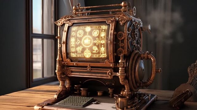 Steampunk style computer with different brass cogwheel parts, monitor and keyboard placed on wooden table. Vintage futuristic technology, mysterious fiction. Generative AI