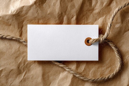 Blank white luggage tag on crumpled parcel paper