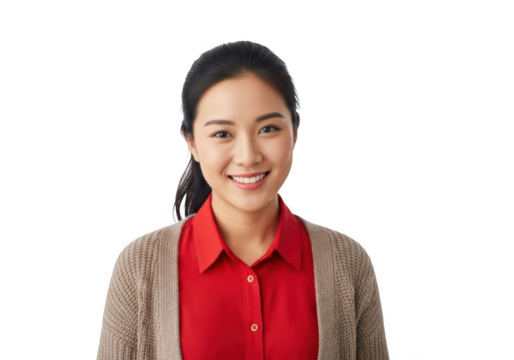 A cheerful young asian woman with dark hair pulled back smiles warmly wearing a red collared shirt and a patterned cardigan isolated on transparent background