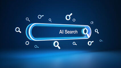 Futuristic glowing ai search bar with magnifying glass icons floating around on a dark blue digital background representing artificial intelligence and online information retrieval