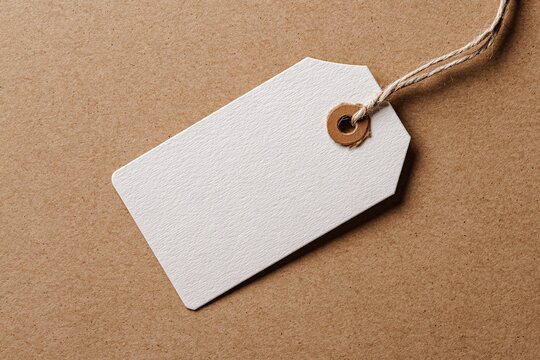 Blank white luggage tag on crumpled parcel paper