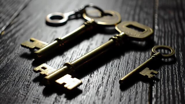 Three Antique Brass Skeleton Keys Resting on a Dark Wooden Surface Under Dramatic Lighting