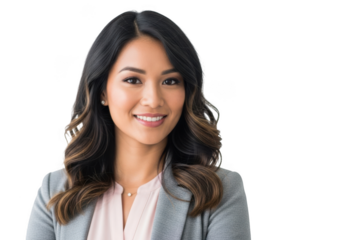 Professional portrait of a smiling young woman with long wavy dark hair wearing a blazer isolated on transparent background