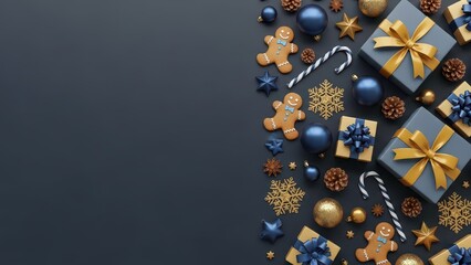 Festive christmas border with gifts ornaments and gingerbread on a dark gray background for holiday greetings
