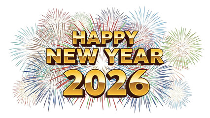 Happy New Year 2026 golden text with colorful fireworks background.