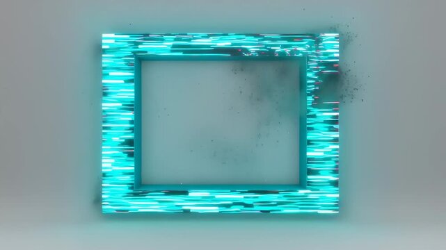 A glowing, stylized square frame with a disintegration effect