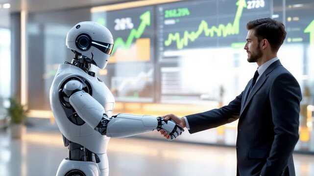 Startup leader greets artificial intelligence colleague amid growth