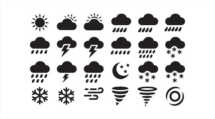 Obraz premium Solid weather symbol collection with sun, rain, clouds, storms, snow, wind, and extreme climate icons for forecasts and digital interfaces.