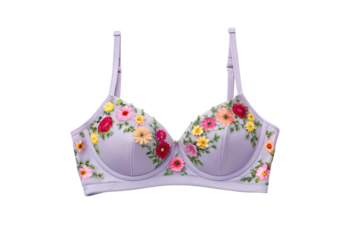 Lavender bra with embroidered floral design around neckline, isolated on a transparent background
