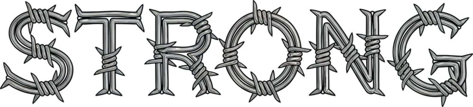 Strong word text design concept made of sharp metallic barbed wire fence symbol of power endurance and dangerous challenges ahead in industrial grunge steel style.