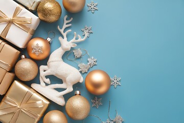 Festive Christmas Still Life with Golden Ornaments, Gifts, and a Reindeer Decoration on a Blue Background