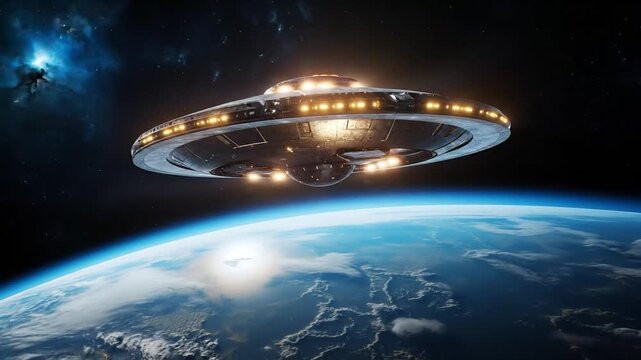 UFO plate futuristic spaceship hovering over planet earth. Unidentified flying object and alien invasion or space travel concept. Generative AI