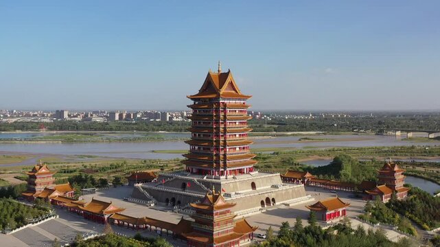 Traditional Chinese Pagoda Temple Complex by Yellow River in Qingtongxia, Ningxia Province