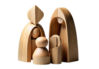 Modern wooden nativity holy family, isolated on a transparent background