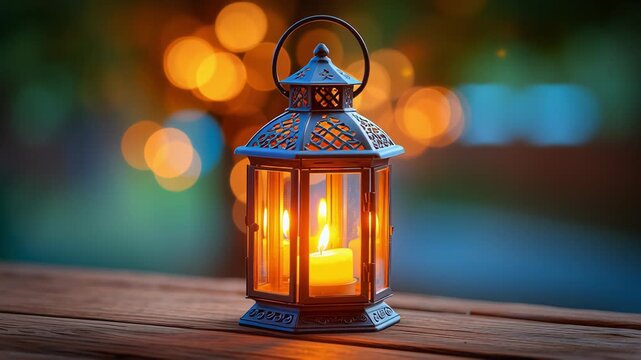 The metal small lantern casts a smooth, warm candlelight onto the wood surface, while subtle changes in the camera frame reveal deeper bokeh colors and enhance the tranquil evening outdoor atmosphere.