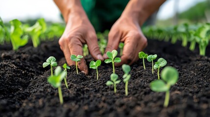 A close-up of hands planting seedlings into rich soil, highlighting the nurturing process of gardening and growth.