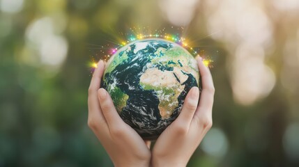 A pair of hands gently holds a glowing globe, symbolizing care for the Earth amidst a blurred green background.