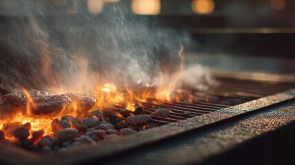 Grilled meat cooking on hot charcoal grill with flames and smoke, concept of outdoor barbecue for summer picnic