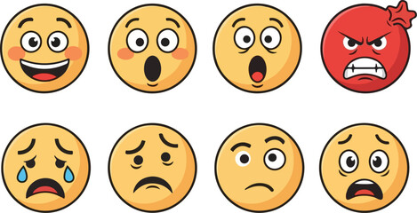 Cartoon Emoji Face Set Showing Different Emotions Isolated on White Background
