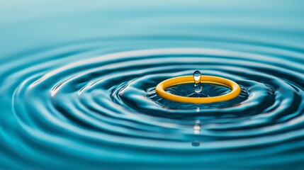 A vibrant yellow ring floats on water, creating ripples as a droplet falls, capturing the serene beauty of motion in a tranquil blue setting.