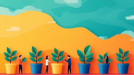 A vibrant illustration of people engaging with potted plants against a colorful backdrop, symbolizing growth and connection with nature.