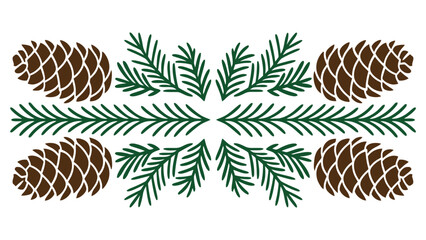 Symmetrical arrangement of pine cones and evergreen branches on white