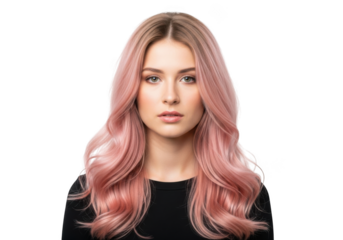 Young woman with wavy pink hair and makeup looking directly forward isolated on transparent background