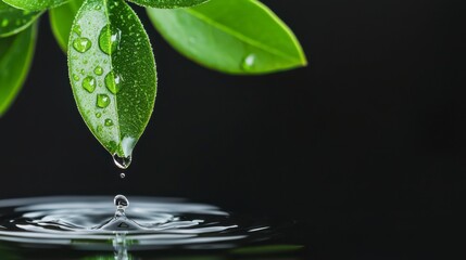 A green leaf with water droplets hangs above a rippling water surface, creating a serene and refreshing natural scene against a dark background.