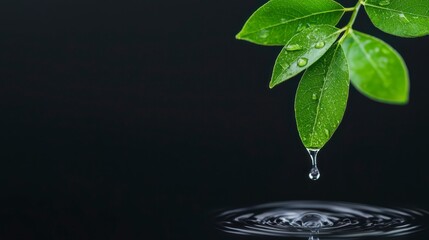 A close-up of green leaves dripping water against a dark background, symbolizing freshness and nature.