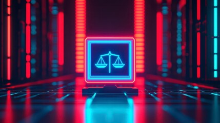 A digital representation of justice scales illuminated in neon, set against a futuristic, glowing background.