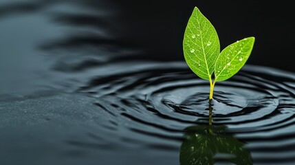 A single green sprout with leaves emerges from rippling water, symbolizing growth and resilience in a tranquil environment.