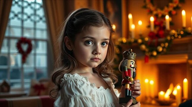 Clara with a nutcracker toy in a festively decorated living room. Illustration for Hoffmann's fairy tale "The Nutcracker and the Mouse King."