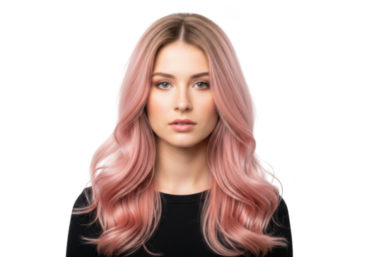 Young woman with wavy pink hair and makeup looking directly forward isolated on transparent background - Powered by Adobe