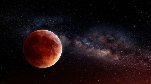 Red moon and milky way galaxy in vast dark universe. Celestial body in outer space. Cosmic phenomenon and astronomical wonder. - Powered by Adobe
