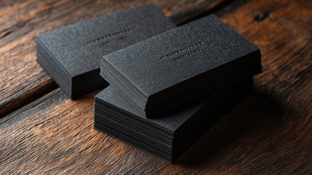Stack of black textured business card with embossed text. Professional contact information for networking, corporate identity, and brand presentation.