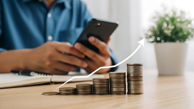 Man using phone with stacked coins and upward trend line overlay