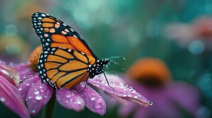 Fototapeta premium Monarch butterfly with dew drops on purple flower in nature after rain. Beautiful insect macro close up for summer garden concept.