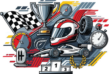 Naklejka premium Dynamic Formula One Racing Sports Illustration Collage with Trophy, Helmet, Race Car, and Checkered Flag
