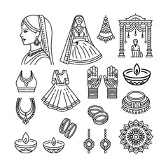 Indian Wedding Line Art Icon Set &ndash; Traditional Bridal Elements and Cultural Outline Illustrations