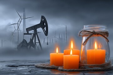 Conceptual image of burning candles, orange and gray, symbolizing the energy crisis and the choice between fossil fuels and renewables