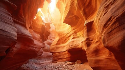 Natural phenomenon of Antelope Canyon with sunlight filtering into the slot canyon. Natural abstract background. Travel and adventure concept.