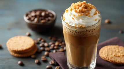 Iced coffee with whipped cream and cookie crumble for refreshing drink, cafe menu, dessert, or beverage concept. Delicious sweet cold coffee.