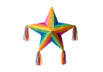 Rainbow star-shaped piñata with colorful streamers and festive party decoration, isolated on a transparent background