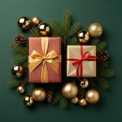 Festive christmas gifts surrounded by ornaments and pinecones