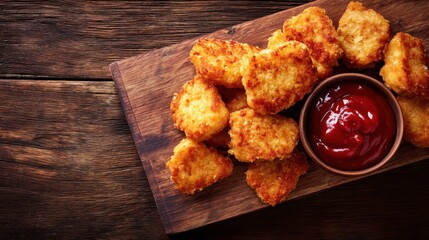 Golden fried chicken nugget with rich red ketchup on rustic wooden board. Delicious fast food snack for party, meal, or restaurant menu.