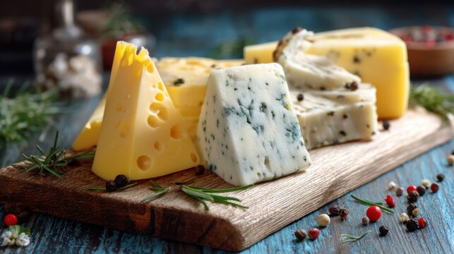 Variety of cheese pieces including emmental and blue cheese with rosemary and peppercorns on wood board. Healthy appetizer for celebration or snack.