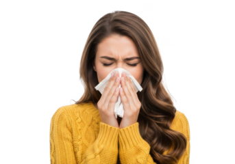 Young woman with long brown hair sneezing into a white tissue isolated on transparent background